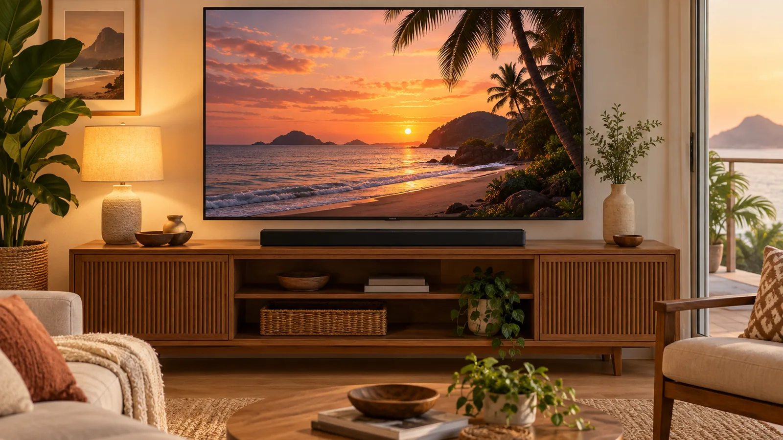 Barra de som genérica sobre um rack de madeira, logo abaixo de uma TV que mostra uma paisagem fictícia de praia