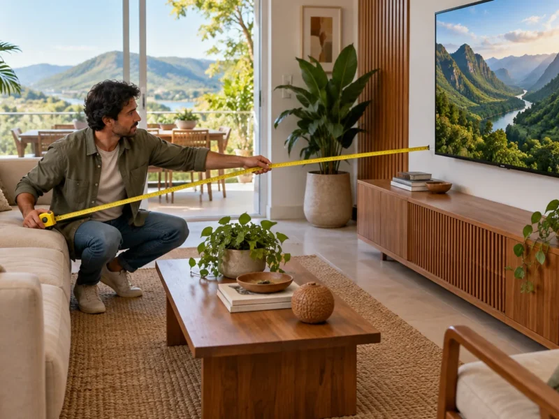 Pessoa medindo com fita métrica a distância entre o sofá e a parede onde fica a TV, numa sala de estar clara