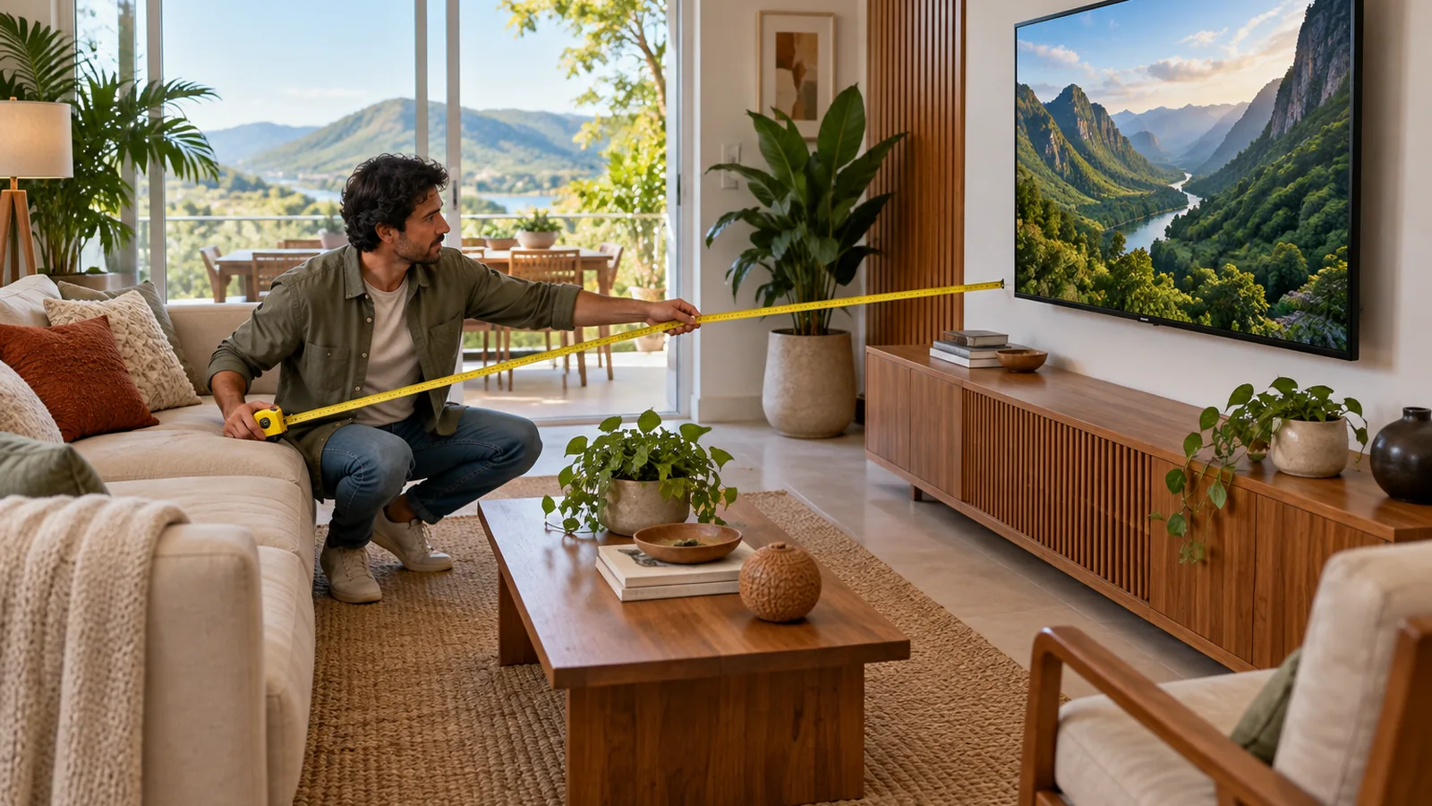 Pessoa medindo com fita métrica a distância entre o sofá e a parede onde fica a TV, numa sala de estar clara