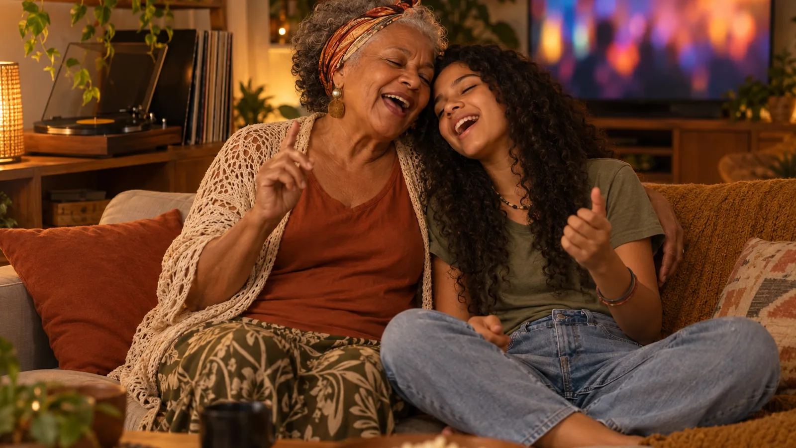 Avó e neta sentadas no sofá da sala ouvindo música e sorrindo diante da TV, com um toca-discos antigo na estante