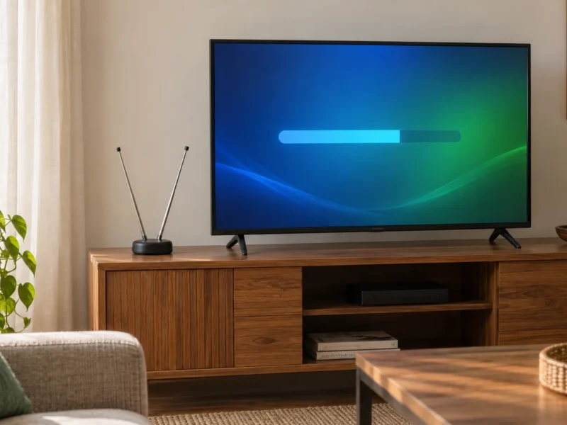 Antena UHF interna genérica sobre um móvel ao lado de uma TV que exibe uma tela de busca de canais