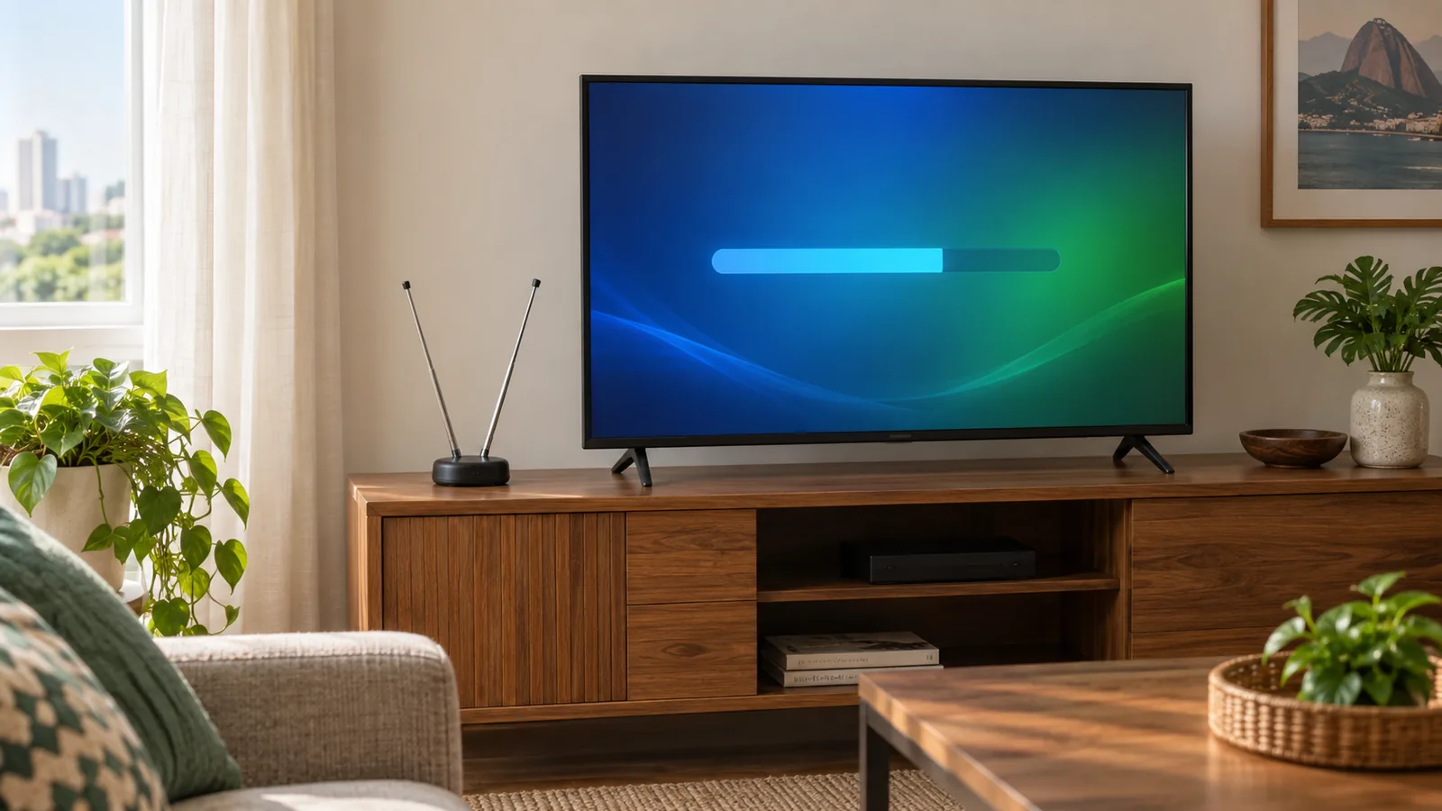 Antena UHF interna genérica sobre um móvel ao lado de uma TV que exibe uma tela de busca de canais