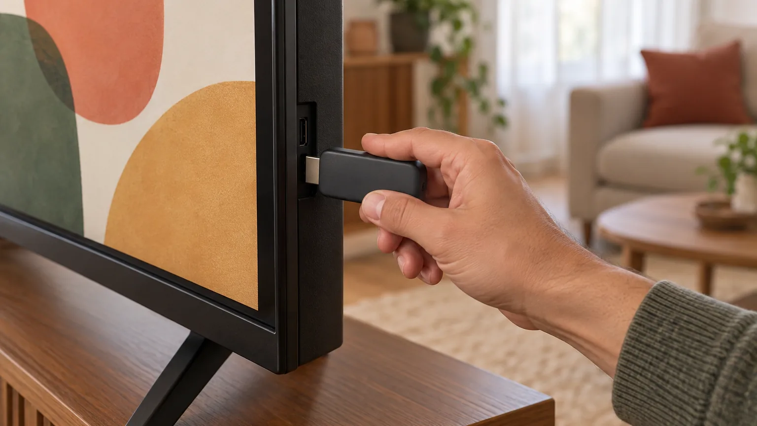 Mão conectando um pequeno aparelho de streaming genérico à entrada HDMI na lateral de uma televisão