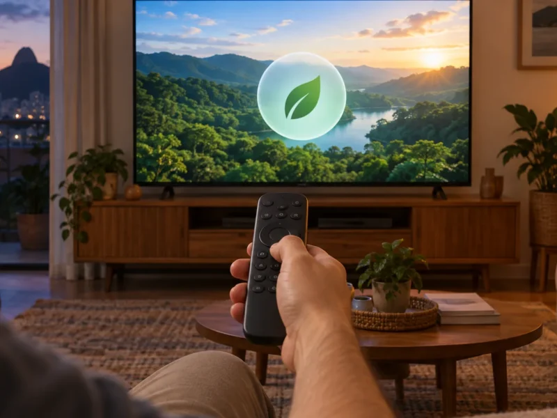 Mão com controle remoto diante de uma TV que mostra um menu de economia de energia sobre uma paisagem fictícia