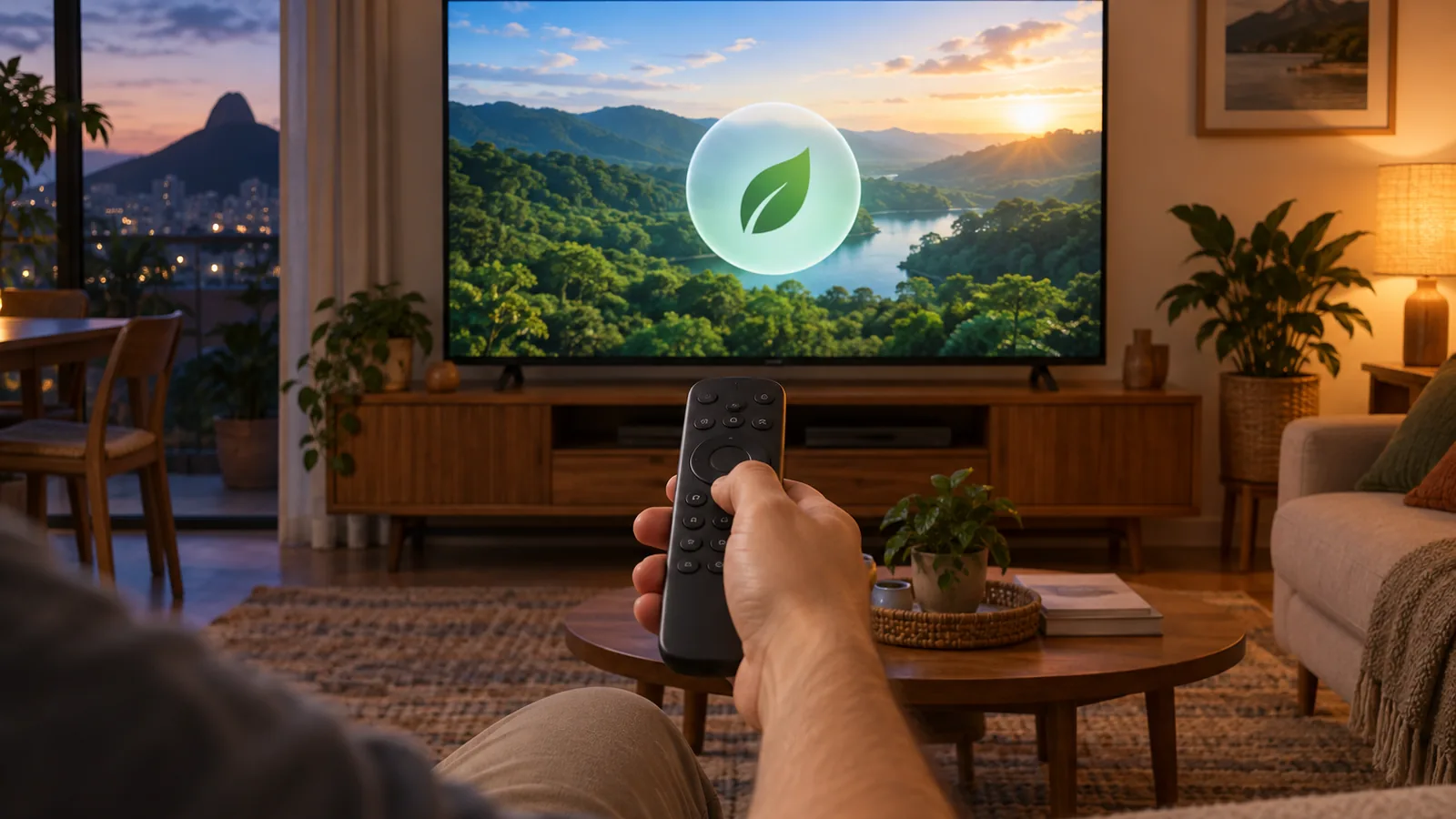 Mão com controle remoto diante de uma TV que mostra um menu de economia de energia sobre uma paisagem fictícia